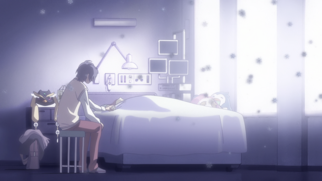 Shouma sits next to an unconscious Himari's bed in a hospital room. He is holding her hand. Snow floats around them.