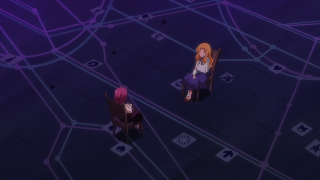 Momoka and Yuri sit across from each other in Momoka's liminal space.