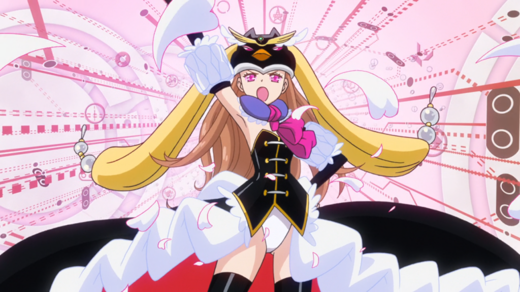 Himari is resurrected as the Princess of the Crystal. She's wearing a black corset with a billowing black-and-white cape and the same penguin cap Himari was wearing in the hospital.